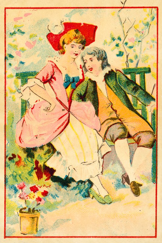 Ungt par på en bänk i en trädgård (chromolitho) av French School
