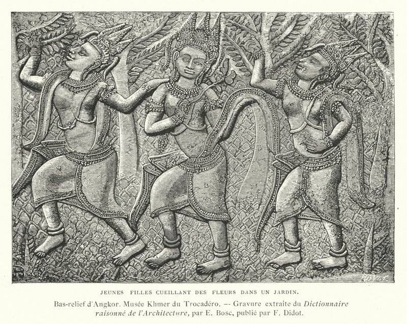 Unga flickor plockar blommor i en trädgård, basrelief från Angkor, Kambodja (gravyr) av French School