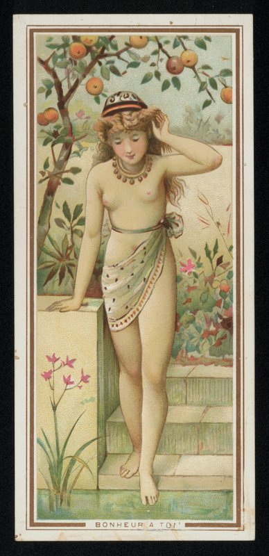 Ung kvinna i en trädgård, gratulationskort. (chromolitho) av French School