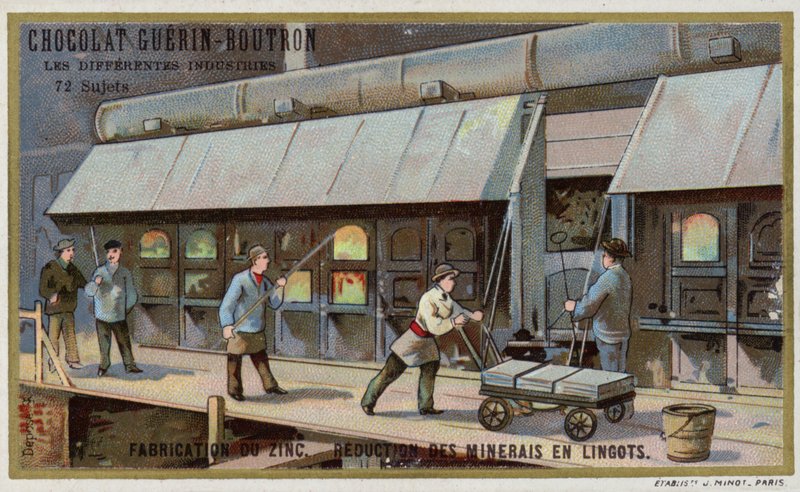 Zinktillverkning. Reducera malm till tackor (chromolitho) av French School