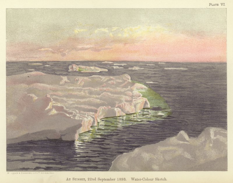 Vid solnedgången, 22 september 1893, akvarellskiss (färg litho) av Fridtjof Nansen