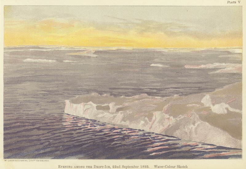 Kväll bland drivisen, 22 september 1893, akvarellskiss (färg litho) av Fridtjof Nansen