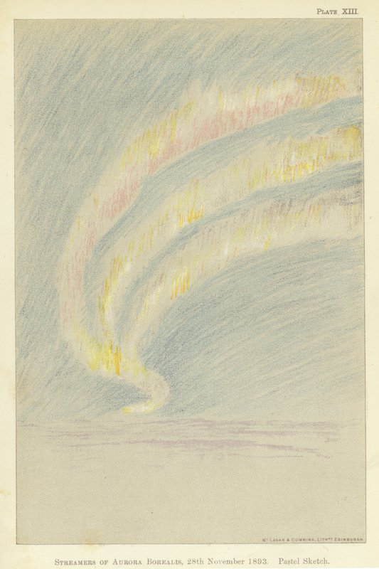 Streamers of aurora borealis, 28 november 1893, pastellskiss (lito i färg) av Fridtjof Nansen