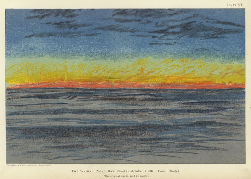 Den avtagande polardagen, 22 september 1893, pastellskiss (lito i färg) av Fridtjof Nansen