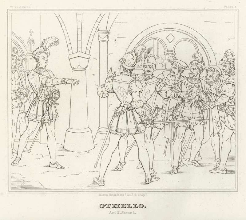 Othello, akt II, scen 3 (gravyr) av Friedrich August Moritz Retzsch