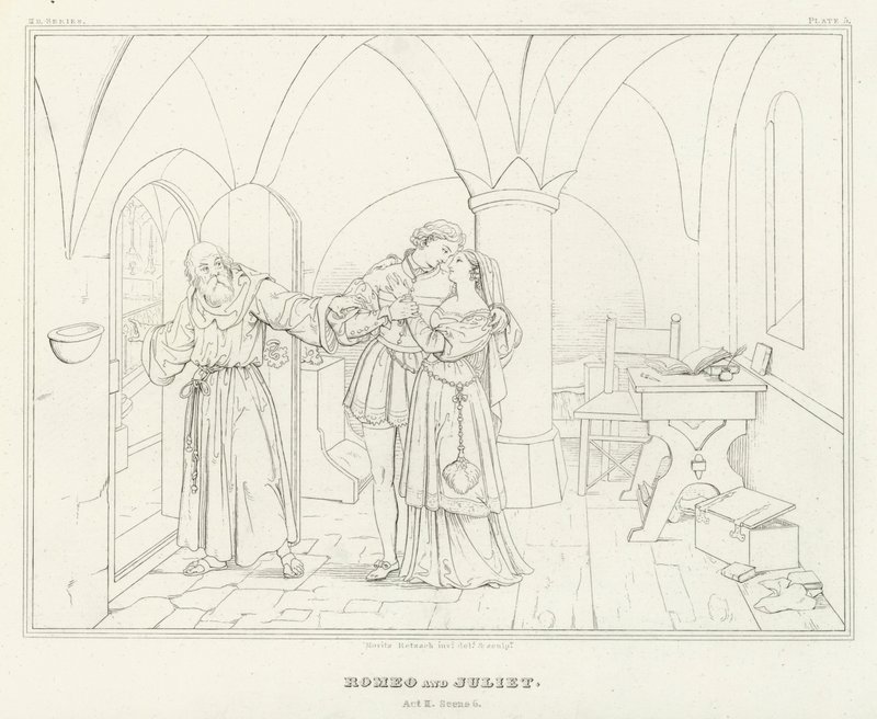 Romeo och Julia, akt II, scen 6 (gravyr) av Friedrich August Moritz Retzsch