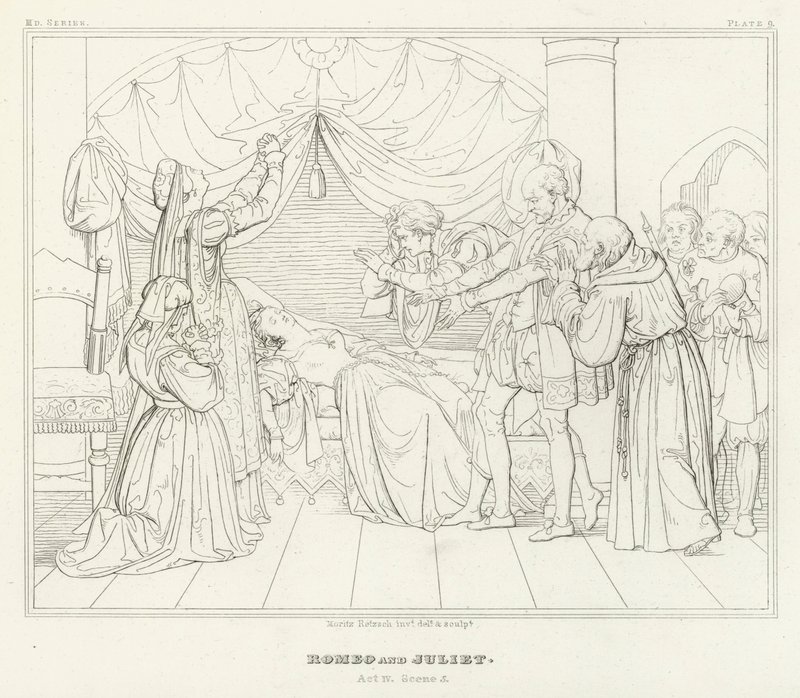 Romeo och Julia, akt IV, scen 5 (gravyr) av Friedrich August Moritz Retzsch