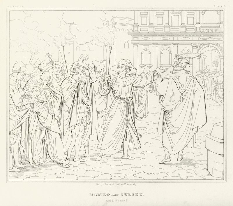 Romeo och Julia, akt I, scen 4 (gravyr) av Friedrich August Moritz Retzsch