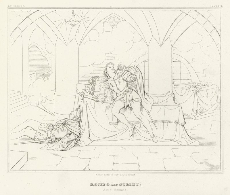 Romeo och Julia, Akt V, Scen 3 (gravyr) av Friedrich August Moritz Retzsch