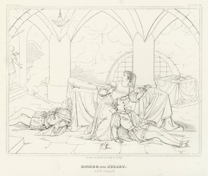 Romeo och Julia, Akt V, Scen 3 (gravyr) av Friedrich August Moritz Retzsch