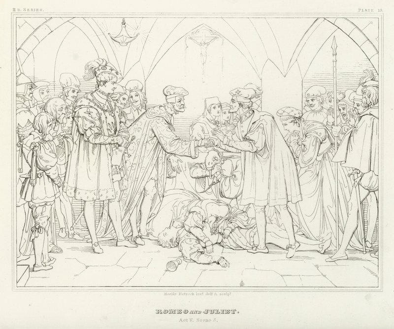 Romeo och Julia, Akt V, Scen 3 (gravyr) av Friedrich August Moritz Retzsch