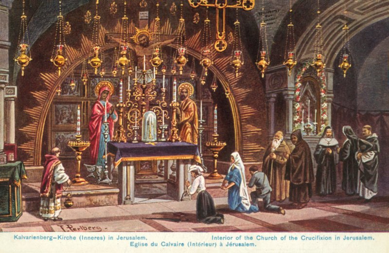 Korsfästelsens altare, Heliga gravens kyrka, Jerusalem (färglitografi) av Friedrich Perlberg