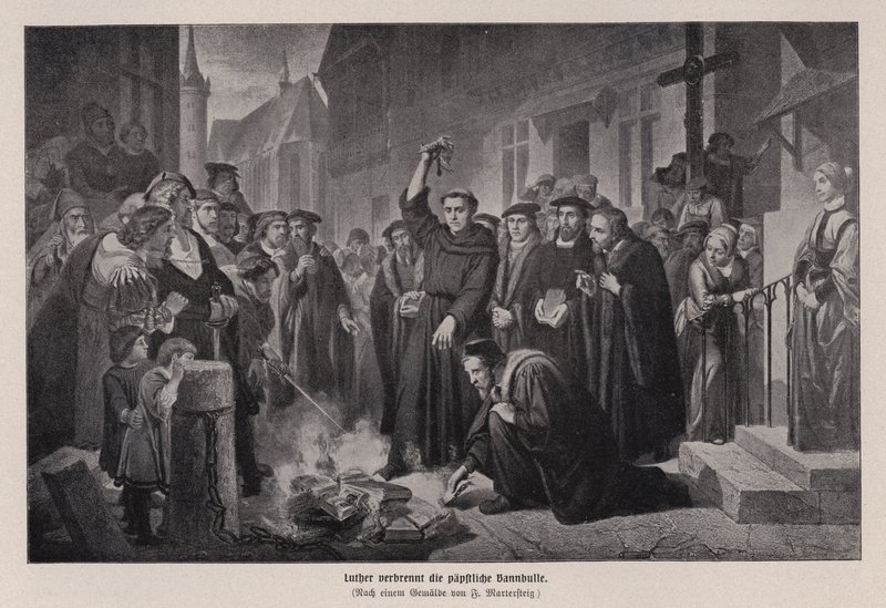 Martin Luther bränner den påvliga tjuren i Wittenberg, Tyskland av Friedrich Wilhelm Heinrich Martersteig