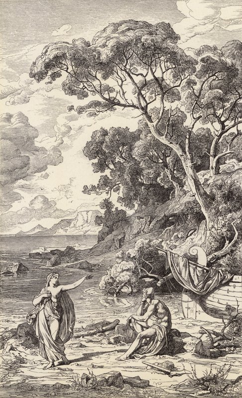 Odysseus och Kalypso (gravyr) av Friedrich the Elder Preller
