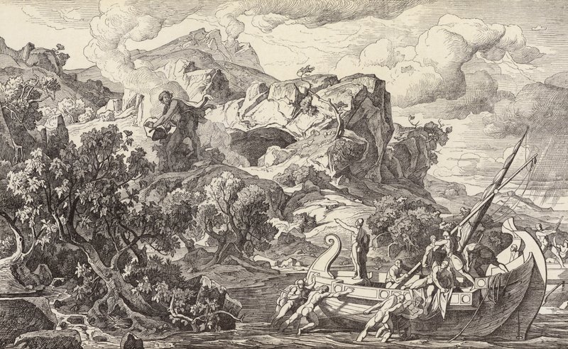 Odysseus lämnar cyklopernas ö (gravyr) av Friedrich the Elder Preller