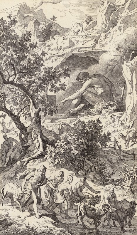Odysseus passerar Polyfemos grotta (gravyr) av Friedrich the Elder Preller