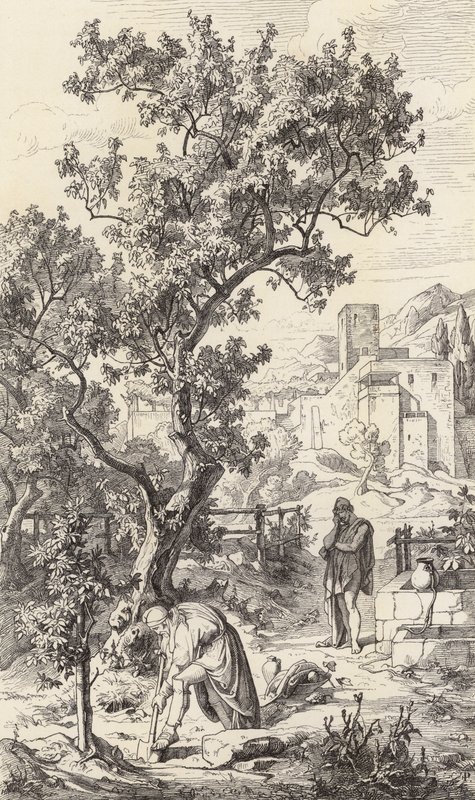 Odysseus på besök hos sin far Laertes (gravyr) av Friedrich the Elder Preller