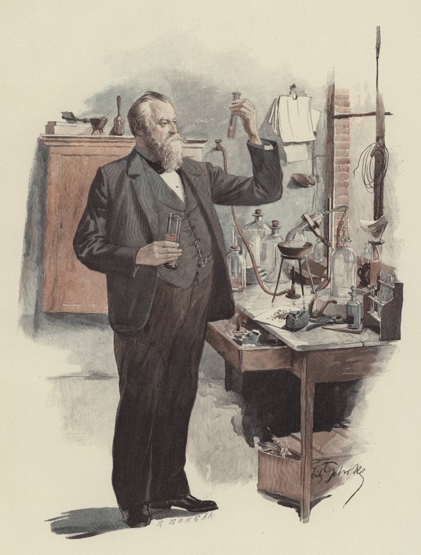 Kammersänger Albert Niemann som kemist (Operasångaren Albert Niemann som kemist) (färg litho) av Fritz Gehrke