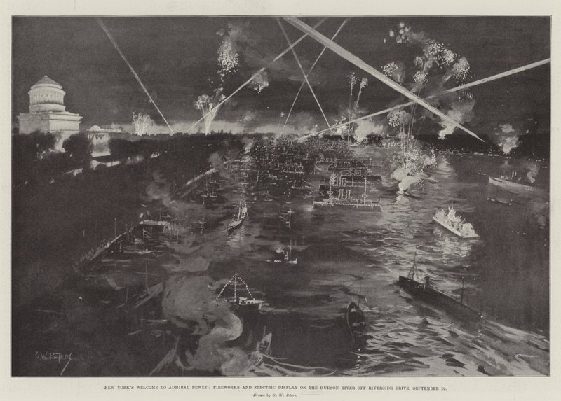 New Yorks Welcome to Admiral Dewey, fyrverkerier och elektrisk uppvisning på Hudsonfloden vid Riverside Drive, 29 september av G. W. Peters