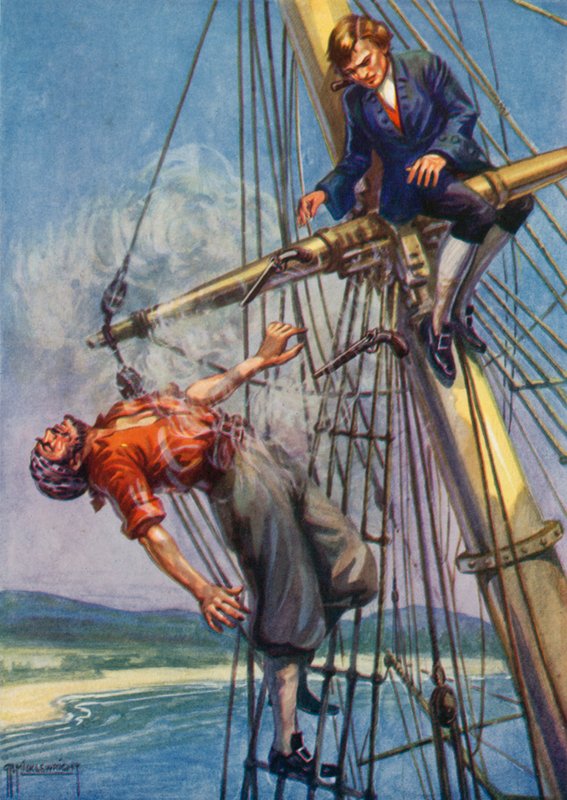 Illustration för Treasure Island av Robert Louis Stevenson (litho i färg) av G.P. Micklewright