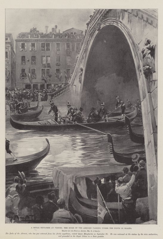 En kunglig upptäcktsresande i Venedig, hertigen av Abruzzi som passerar under Ponte di Rialto av G.S. Amato