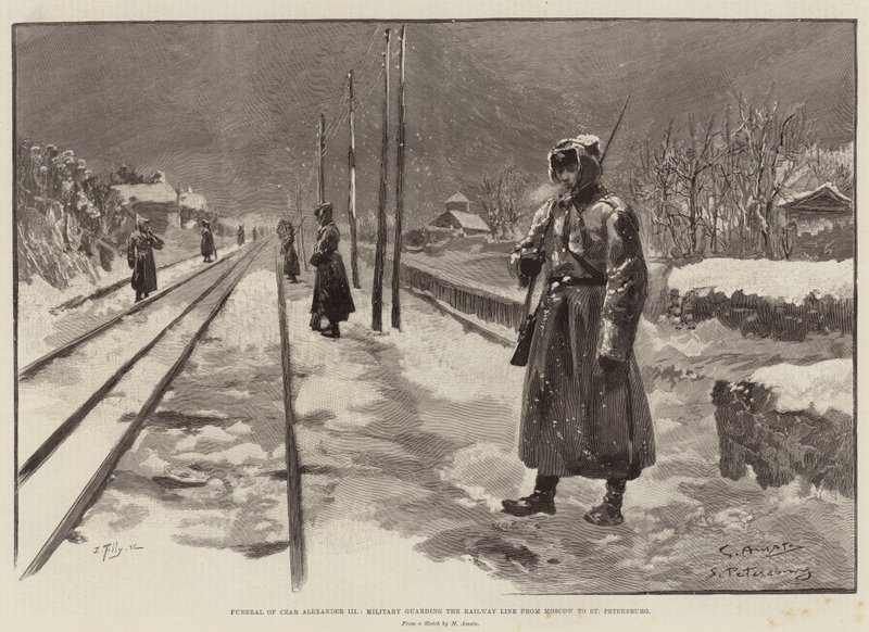 Begravning av tsar Alexander III, militär som bevakar järnvägslinjen från Moskva till St Petersburg av G.S. Amato