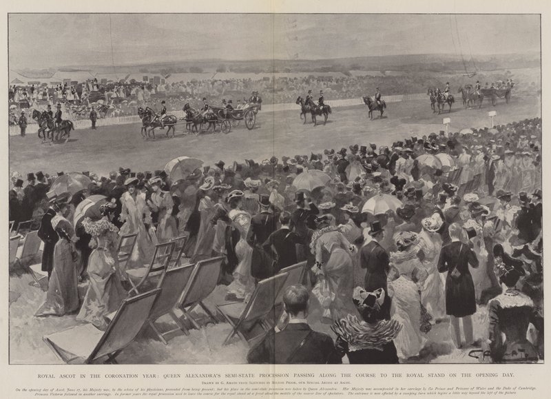 Royal Ascot under kröningsåret, drottning Alexandras halvstatliga procession som passerar längs banan till den kungliga montern på invigningsdagen av G.S. Amato