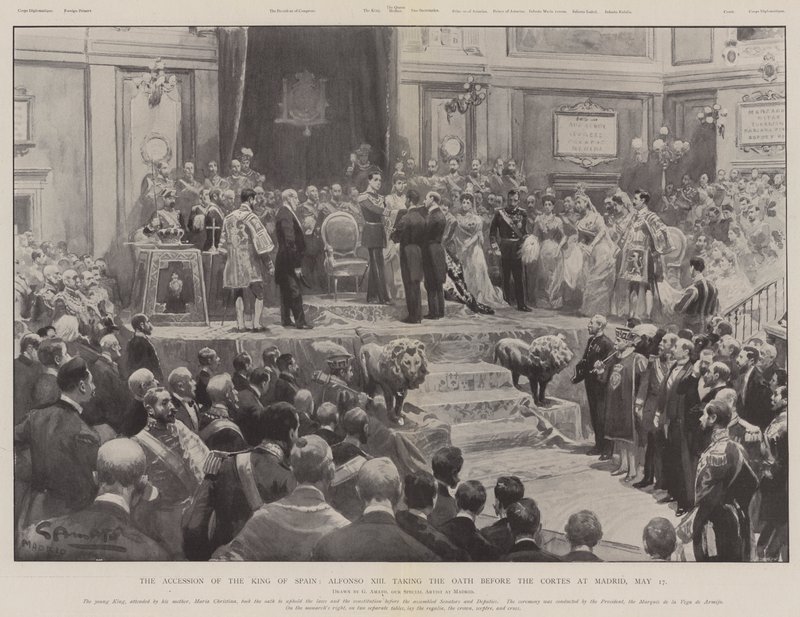 Anslutningen av kungen av Spanien, Alfonso XIII avlägger ed inför Cortes i Madrid, 17 maj av G.S. Amato