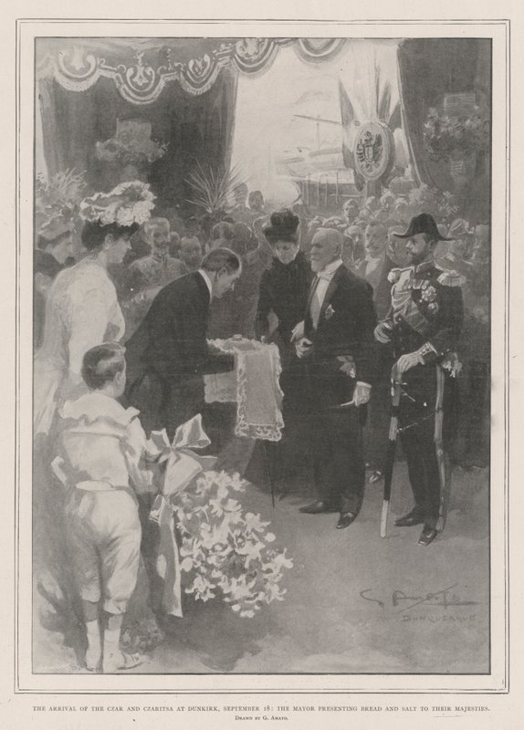 Tsaren och tsarinnan anlände till Dunkerque den 18 september, borgmästaren överlämnade bröd och salt till deras majestäter. av G.S. Amato