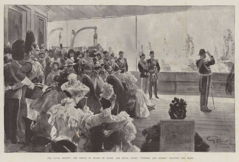 Naval Review, prinsen av Wales ombord på Royal Yacht Victoria och Albert saluterar flottan. av G.S. Amato