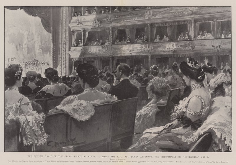 Operasäsongens öppningskväll i Covent Garden, kungen och drottningen närvarar vid föreställningen av Lohengrin, 8 maj av G.S. Amato