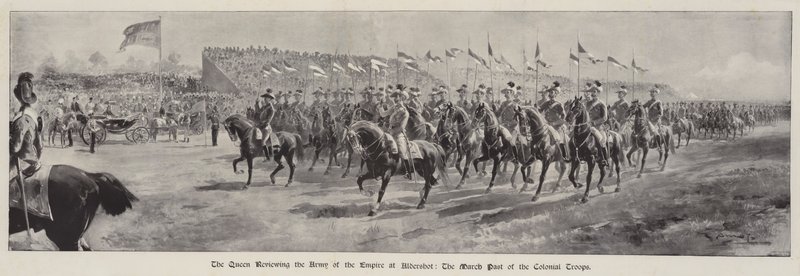 Drottningen granskar imperiets armé vid Aldershot, kolonialtruppernas marsförflutna av G.S. Amato
