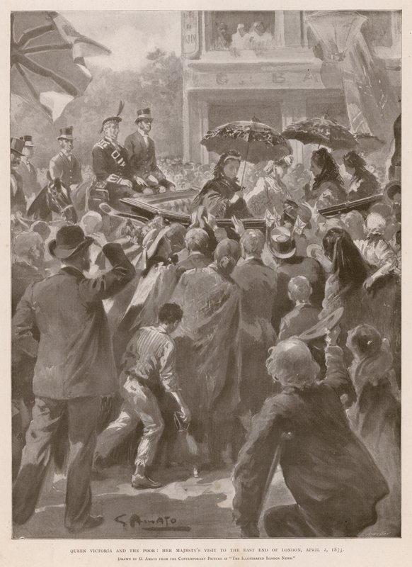 Drottning Victoria och de fattiga: Drottningen besöker Londons östra änd, 2 april 1873 (fotogravyr) av G.S. (after) Amato