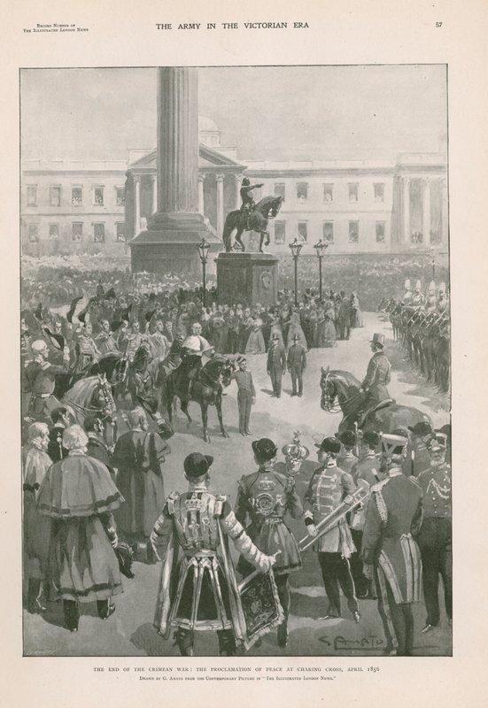 Slutet på Krimkriget: fredsförklaring vid Charing Cross, London, april 1856 (fotogravyr) av G.S. (after) Amato