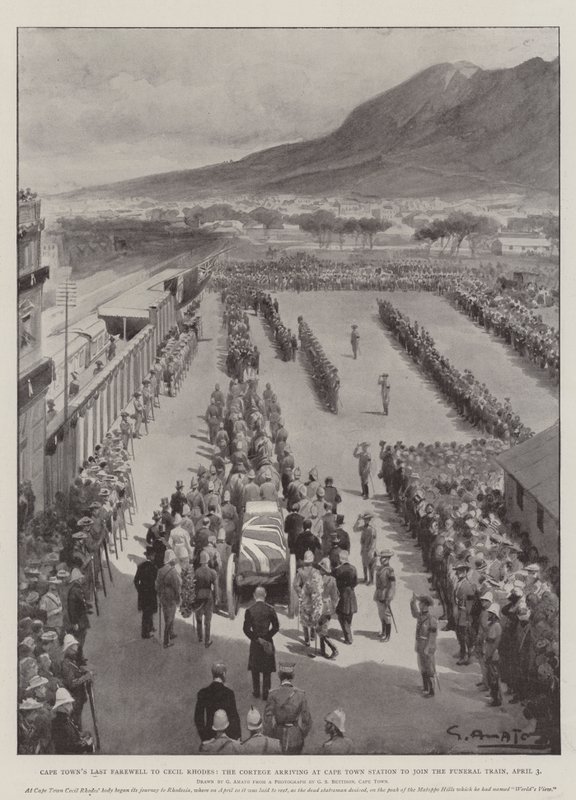 Kapstadens sista farväl till Cecil Rhodes, Cortege som anländer till Kapstadens station för att gå med i begravningståget, 3 april av G.S. Amato