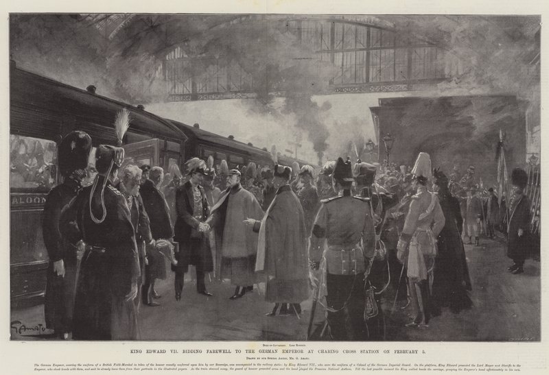 Kung Edward VII tar farväl av den tyske kejsaren vid Charing Cross Station den 5 februari av G.S. Amato