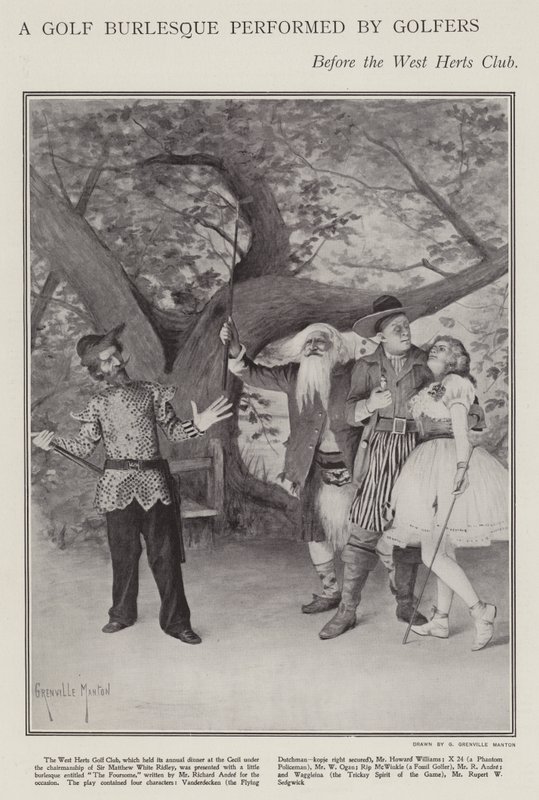 En golfburlesk framförd av golfare vid West Herts Clubs årliga middag (litho) av G. Grenville Manton