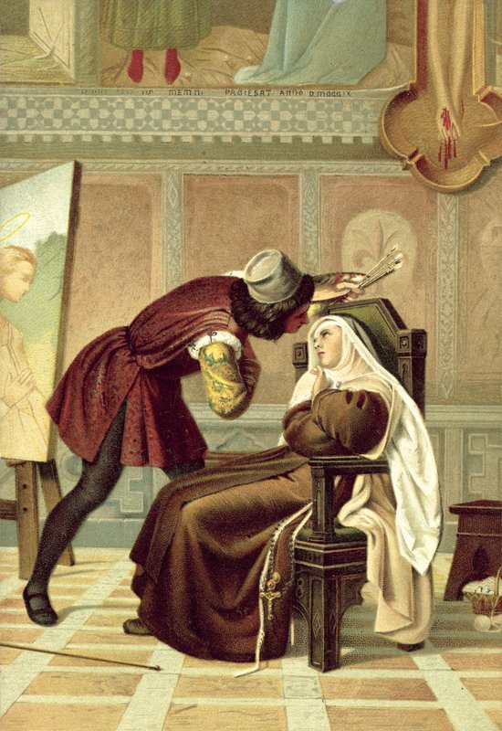 Filippo Lippi och nunnan Buti (chromolitho) av Gabriele Castagnola