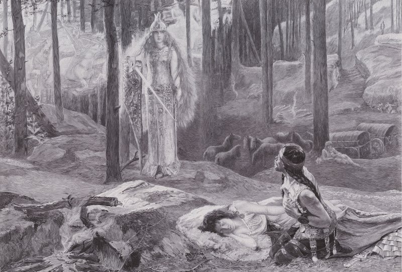 Uppenbarelsen (Brunnhilde upptäcker Sieglinde och Siegmund) (litho) av Gaston Bussiere