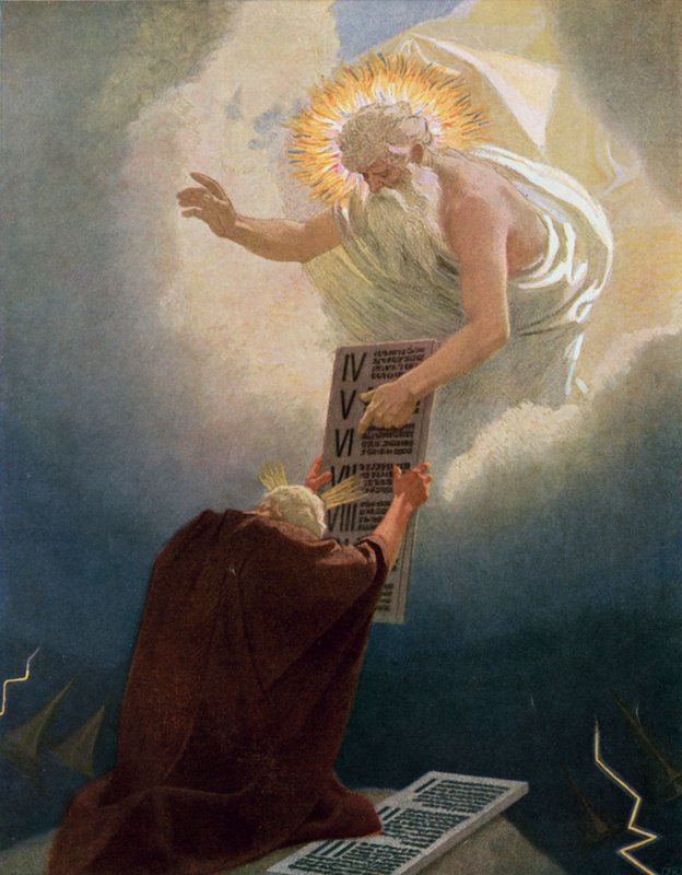 Moses tar emot de tio budorden från Gud på berget Sinai av Gebhard Fugel