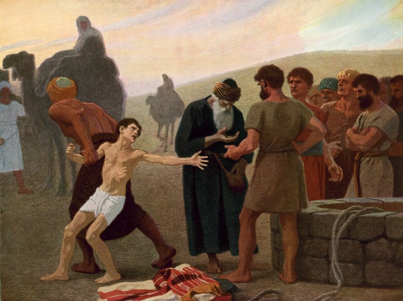 Joseph säljs till slaveri av sina svartsjuka bröder, ca 1940 (färg litho) av Gebhard Fugel