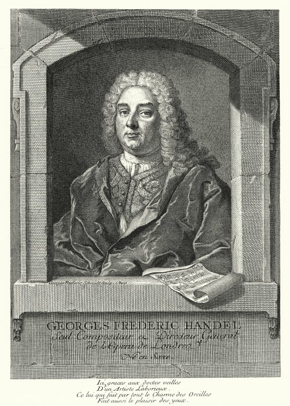 George Frideric Handel, tysk barockkompositör (gravyr) av Georg Friedrich Schmidt
