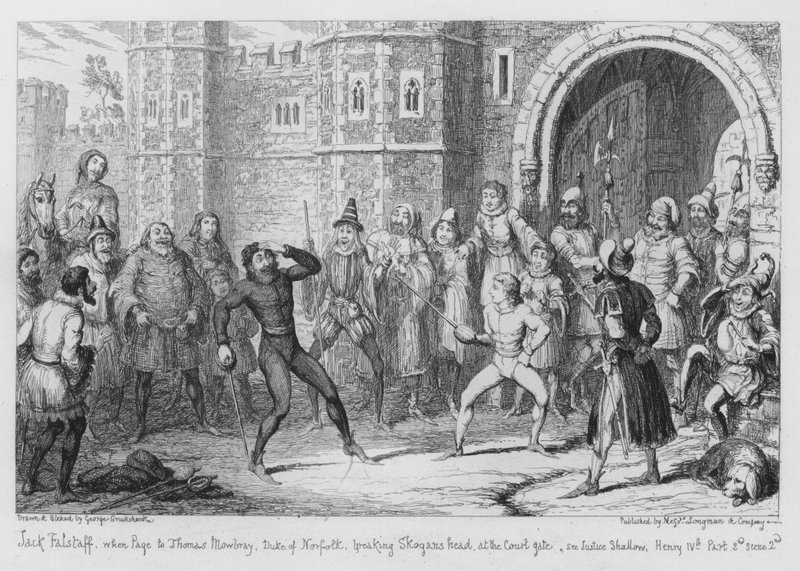 Jack Falstaff, när Page till Thomas Mowbray, hertig av Norfolk, bryter Skogans huvud vid domstolsporten, se Justice Shallow av George Cruikshank