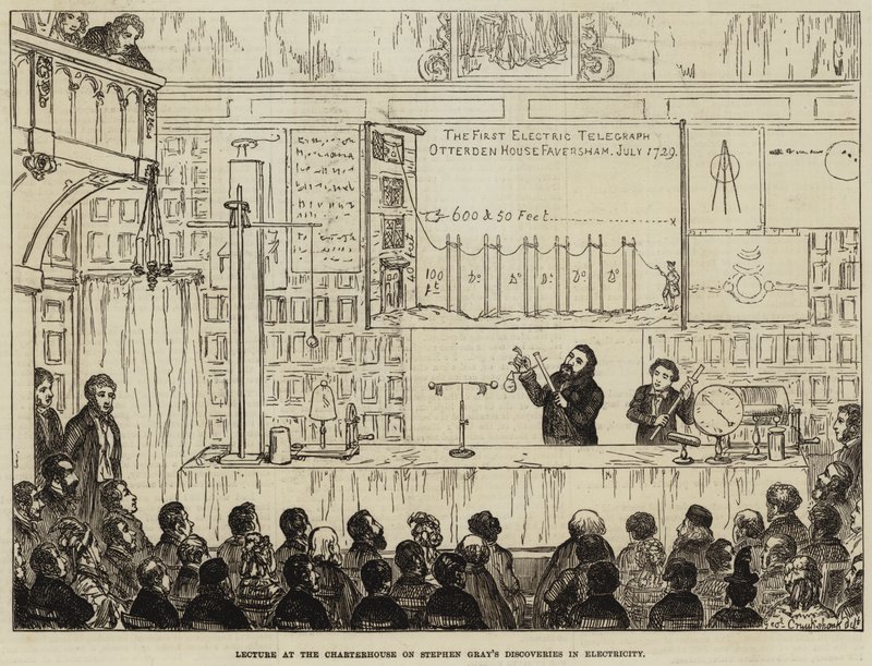 Föreläsning på Charterhouse om Stephen Grays upptäckter inom elektricitet av George Cruikshank