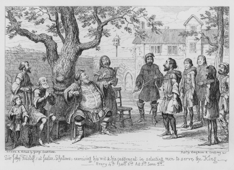 Sir John Falstaff, vid Justice Shallows, utövar sin kvickhet och sitt omdöme när han väljer män att tjäna kungen av George Cruikshank