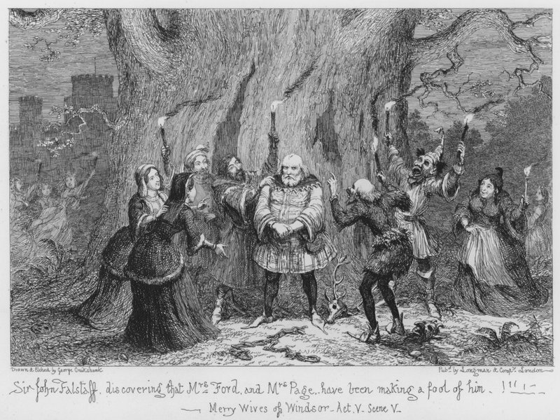 Sir John Falstaff upptäcker att Mrs Ford och Mrs Page har gjort honom narr av George Cruikshank