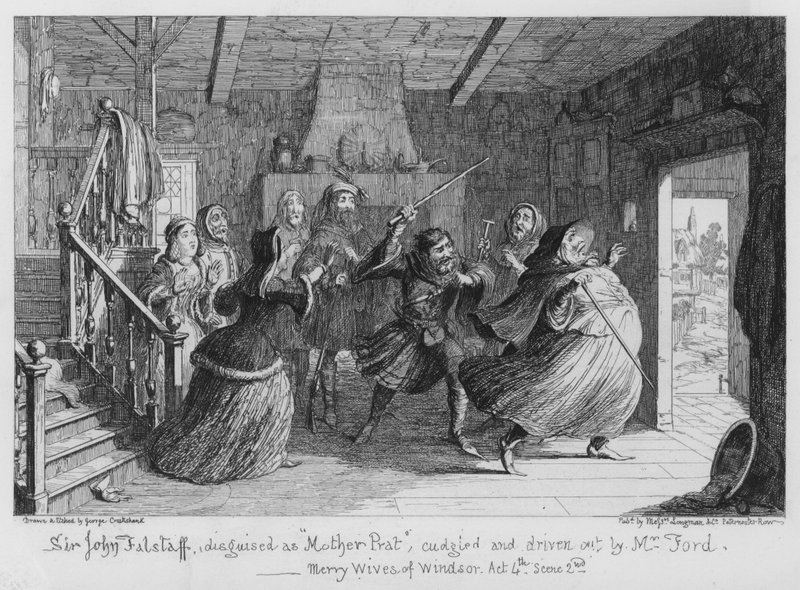 Sir John Falstaff, förklädd till Moder Prat, kurades och kördes ut av Mr Ford av George Cruikshank