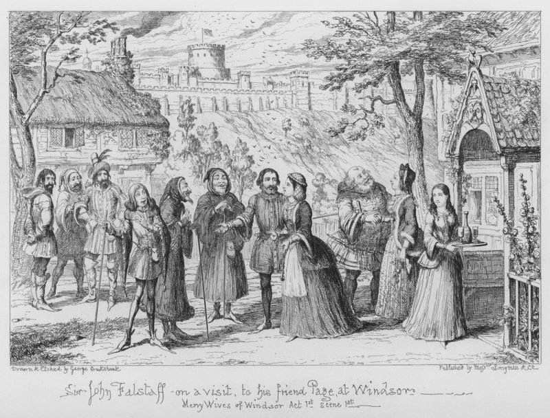 Sir John Falstaff på besök hos sin vän Page i Windsor av George Cruikshank