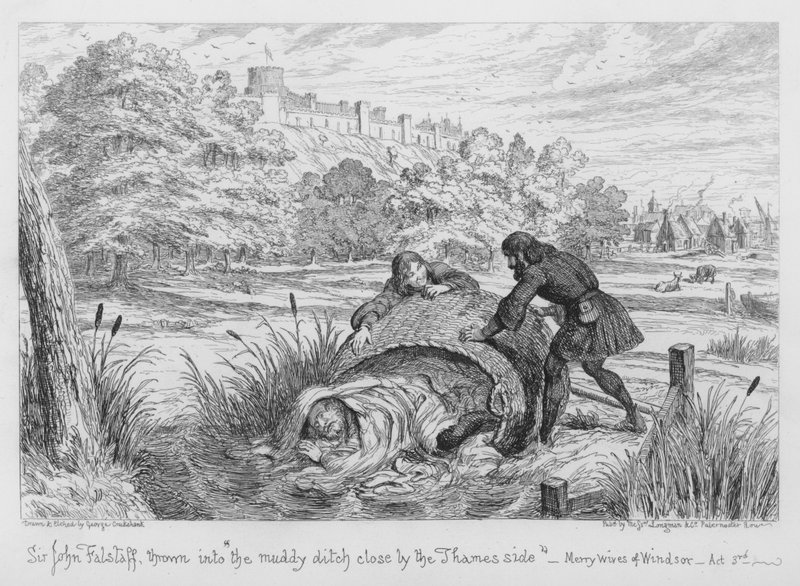 Sir John Falstaff kastades i det leriga diket nära Themsen av George Cruikshank