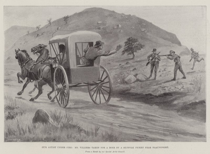 Vår konstnär under eld, Mr Villiers tagen för en vildsvin av en Suffolk Picket nära Naauwpoort av George Derville Rowlandson